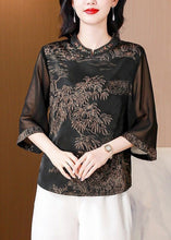 Load image into Gallery viewer, Coffee Embroidered Print Silk Shirt Stand Collar Summer