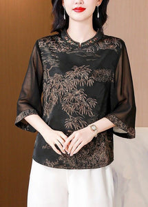 Coffee Embroidered Print Silk Shirt Stand Collar Summer