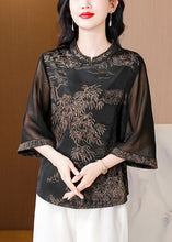 Load image into Gallery viewer, Coffee Embroidered Print Silk Shirt Stand Collar Summer