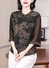 Load image into Gallery viewer, Coffee Embroidered Print Silk Shirt Stand Collar Summer