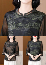 Load image into Gallery viewer, Coffee Embroidered Print Silk Shirt Stand Collar Summer