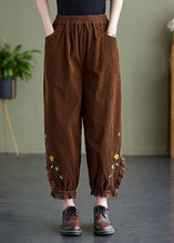 Load image into Gallery viewer, Coffee Patchwork Lace Warm Fleece Corduroy Harem Pants Embroidered Oversized Spring