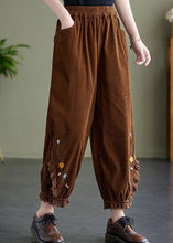 Load image into Gallery viewer, Coffee Patchwork Lace Warm Fleece Corduroy Harem Pants Embroidered Oversized Spring