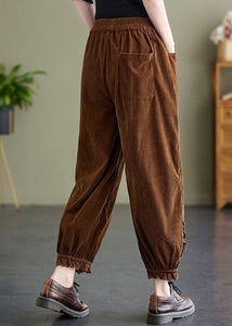 Coffee Patchwork Lace Warm Fleece Corduroy Harem Pants Embroidered Oversized Spring