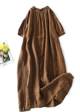 Load image into Gallery viewer, Coffee Plaid Patchwork Linen Dress Ruffled Button Summer