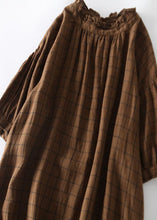 Load image into Gallery viewer, Coffee Plaid Patchwork Linen Dress Ruffled Button Summer