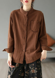 Coffee Pockets Cotton Shirt Stand Collar Long Sleeve