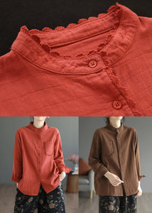 Coffee Pockets Cotton Shirt Stand Collar Long Sleeve