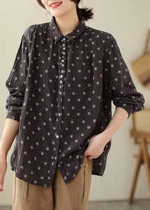 Coffee Print Cotton Blouses Peter Pan Collar Long Sleeve