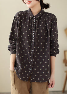 Coffee Print Cotton Blouses Peter Pan Collar Long Sleeve