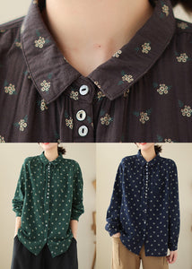 Coffee Print Cotton Blouses Peter Pan Collar Long Sleeve