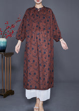 Load image into Gallery viewer, Coffee Print Loose Linen Dress Stand Collar Button Bracelet Sleeve