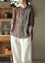 Load image into Gallery viewer, Coffee Print Patchwork Linen Shirts Peter Pan Collar Button Half Sleeve