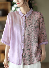 Load image into Gallery viewer, Coffee Print Patchwork Linen Shirts Peter Pan Collar Button Half Sleeve