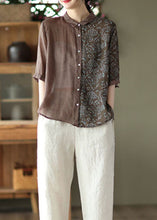 Load image into Gallery viewer, Coffee Print Patchwork Linen Shirts Peter Pan Collar Button Half Sleeve