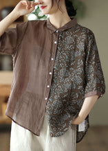 Load image into Gallery viewer, Coffee Print Patchwork Linen Shirts Peter Pan Collar Button Half Sleeve