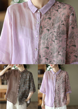 Load image into Gallery viewer, Coffee Print Patchwork Linen Shirts Peter Pan Collar Button Half Sleeve