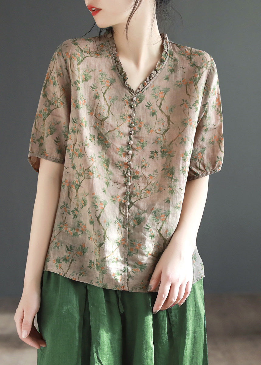 Coffee Print Ruffled Linen Shirt Summer