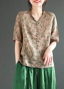 Coffee Print Ruffled Linen Shirt Summer