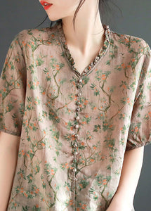 Coffee Print Ruffled Linen Shirt Summer