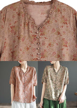 Load image into Gallery viewer, Coffee Print Ruffled Linen Shirt Summer