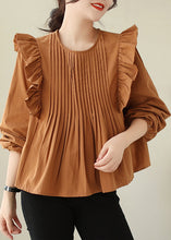 Load image into Gallery viewer, Coffee Wrinkled Patchwork Cotton Blouse O Neck Spring