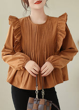 Load image into Gallery viewer, Coffee Wrinkled Patchwork Cotton Blouse O Neck Spring