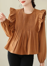 Load image into Gallery viewer, Coffee Wrinkled Patchwork Cotton Blouse O Neck Spring