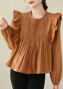 Coffee Wrinkled Patchwork Cotton Blouse O Neck Spring