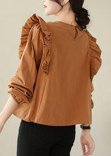 Load image into Gallery viewer, Coffee Wrinkled Patchwork Cotton Blouse O Neck Spring