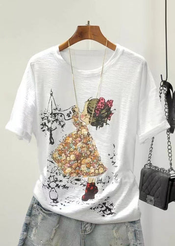 Colorblock Cartoon Print Cotton Top O Neck Short Sleeve