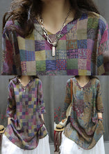 Load image into Gallery viewer, Colorblock Print Side Open Linen Blouse V Neck Summer