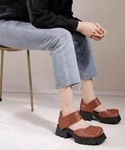 Load image into Gallery viewer, Comfortable Brown Chunky Cowhide Leather Buckle Strap High Heel Sandals