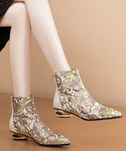 Load image into Gallery viewer, Comfortable Yellow Print Splicing Genuine Leather Chunky Ankle Boots