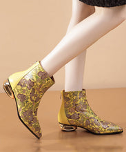 Load image into Gallery viewer, Comfortable Yellow Print Splicing Genuine Leather Chunky Ankle Boots