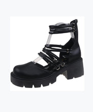 Load image into Gallery viewer, Comfy Chunky Heel Sandals Black Hollow Out Faux Leather