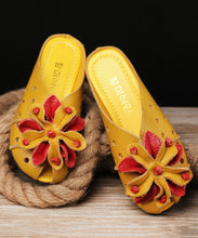 Load image into Gallery viewer, Cowhide Leather Yellow Flat Slide Sandals Splicing Hollow Out Floral