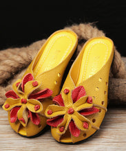 Load image into Gallery viewer, Cowhide Leather Yellow Flat Slide Sandals Splicing Hollow Out Floral