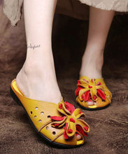 Load image into Gallery viewer, Cowhide Leather Yellow Flat Slide Sandals Splicing Hollow Out Floral