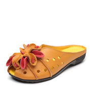 Load image into Gallery viewer, Cowhide Leather Yellow Flat Slide Sandals Splicing Hollow Out Floral