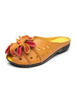 Cowhide Leather Yellow Flat Slide Sandals Splicing Hollow Out Floral