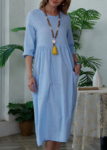 Load image into Gallery viewer, Cozy Blue Ruffled Pockets Cotton Dress Half Sleeve