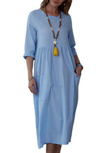 Load image into Gallery viewer, Cozy Blue Ruffled Pockets Cotton Dress Half Sleeve