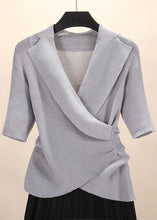 Load image into Gallery viewer, Cozy Grey Asymmetrical Solid Knit Top Short Sleeve