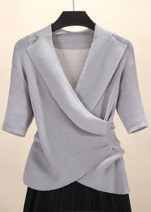 Cozy Grey Asymmetrical Solid Knit Top Short Sleeve