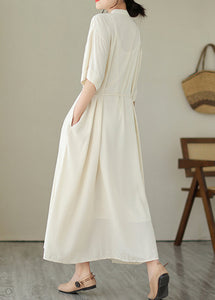 Cute Apricot Tie Waist Long Dress Short Sleeve