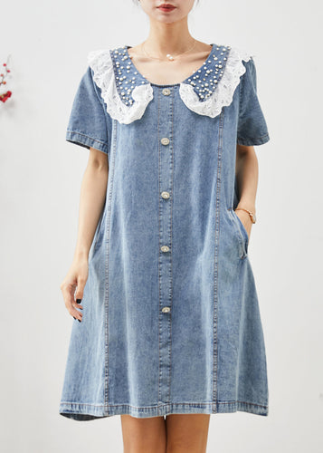 Cute Blue Peter Pan Collar Nail Bead Denim Vacation Dress Summer