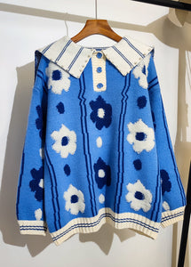 Cute Blue Sailor Collar Jacquard Nail Bead Knitted Sweater Tops Winter