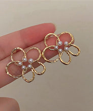 Load image into Gallery viewer, Cute Gold Copper Overgild Pearl Floral Hollow Out Stud Earrings