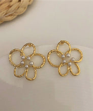 Load image into Gallery viewer, Cute Gold Copper Overgild Pearl Floral Hollow Out Stud Earrings